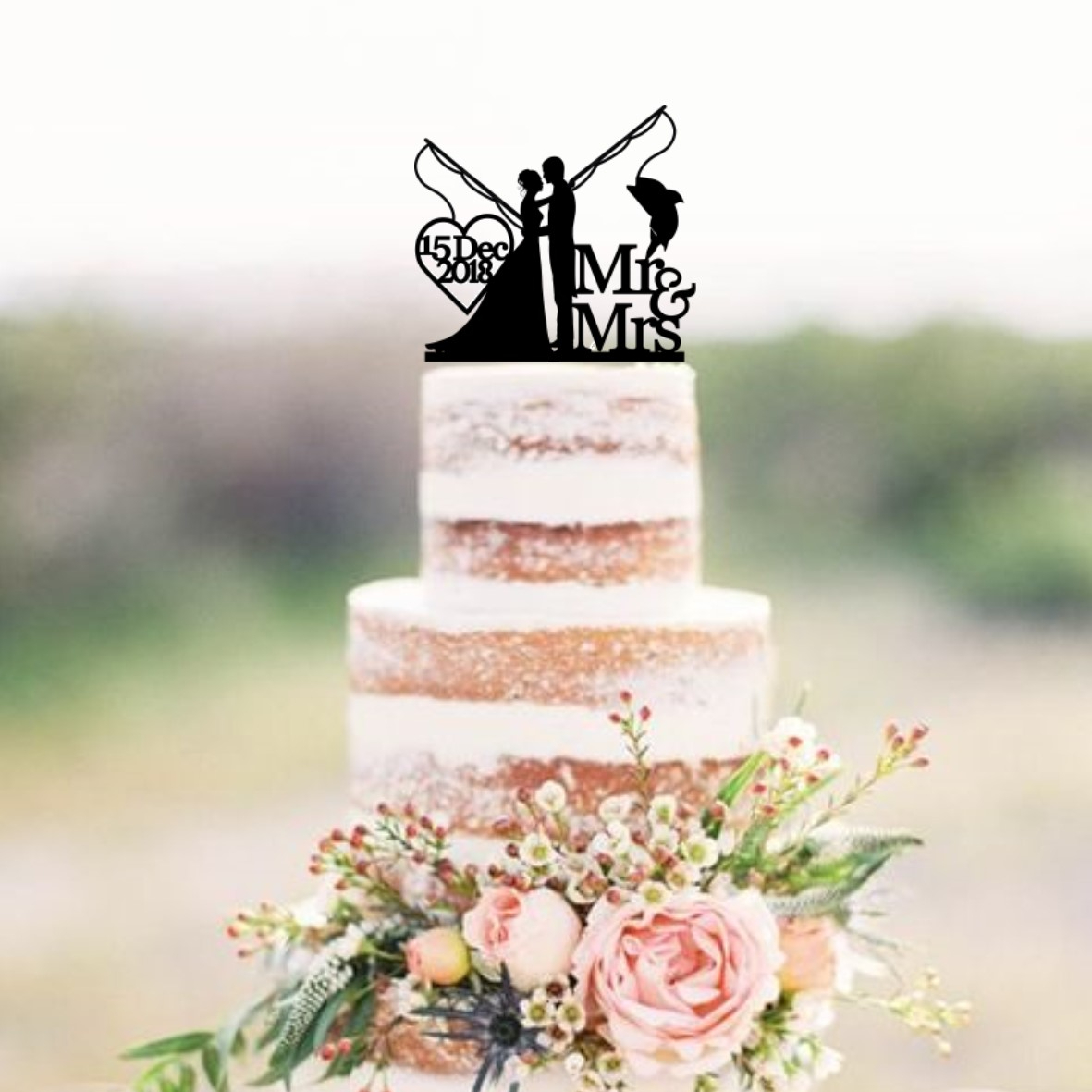 Bride Groom Fishing Mr & Mrs with Date Cake Topper – Quick Creations