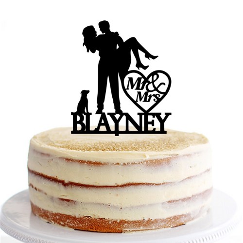 Groom Carrying Bride Mr & Mrs Heart & Dog Personalised Cake Topper