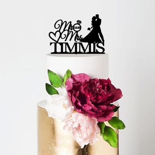 Bride & Groom Kissing Mr & Mrs Name Date Heart Cake Topper