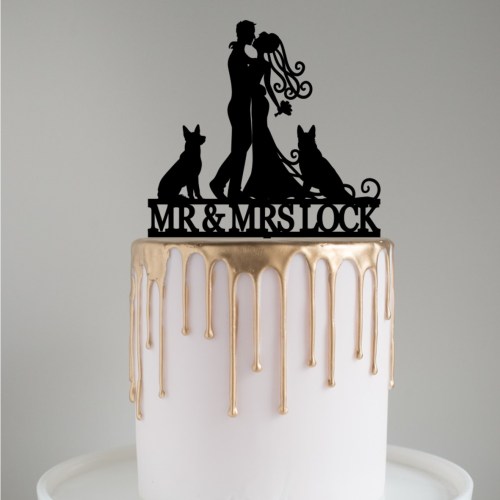 Personalised Bride & Groom with Large Dogs Cake Topper